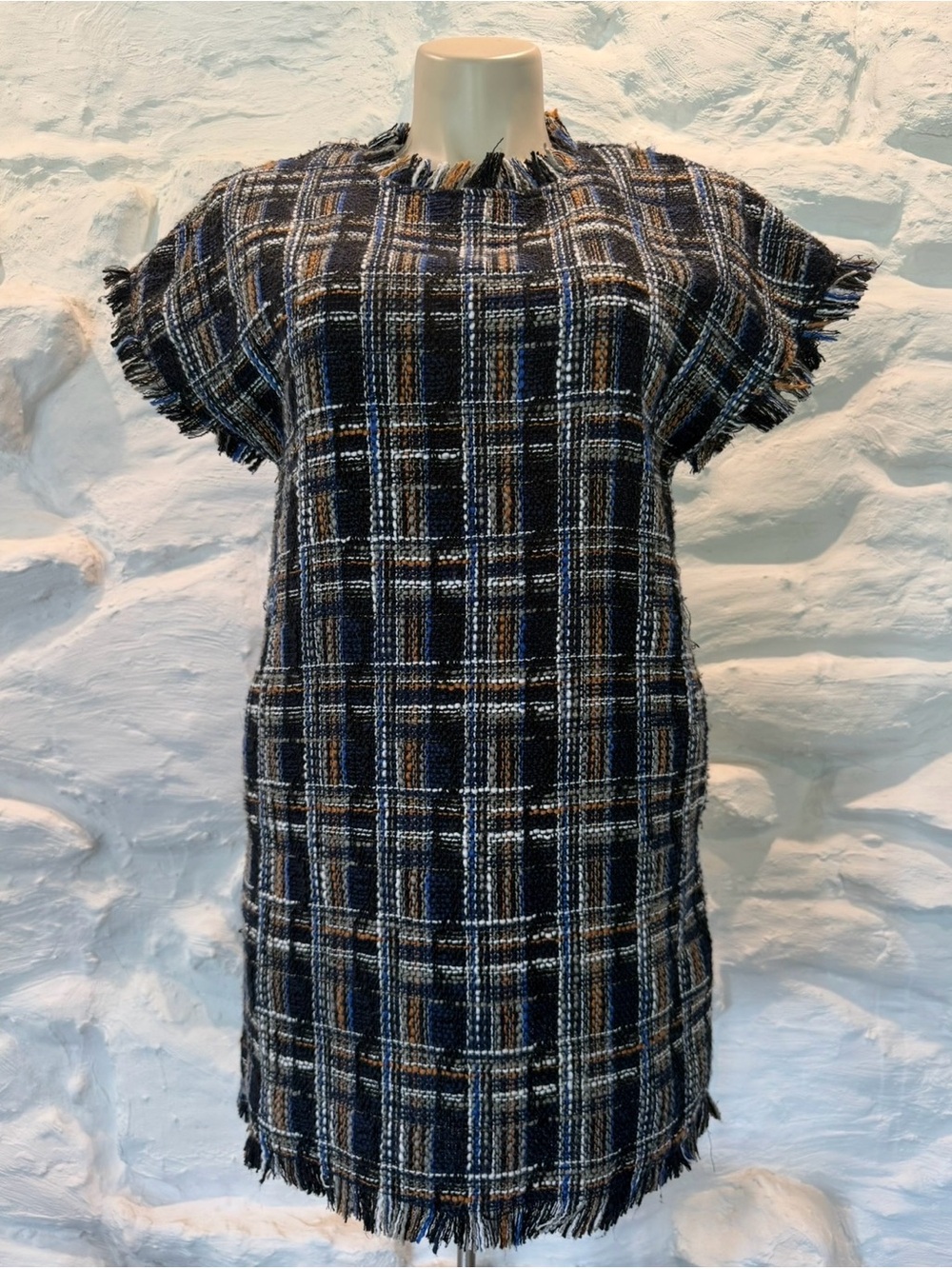 Women’s Plaid Fringe Tweed Ellison Shift Dress Size Medium, Navy & Brown